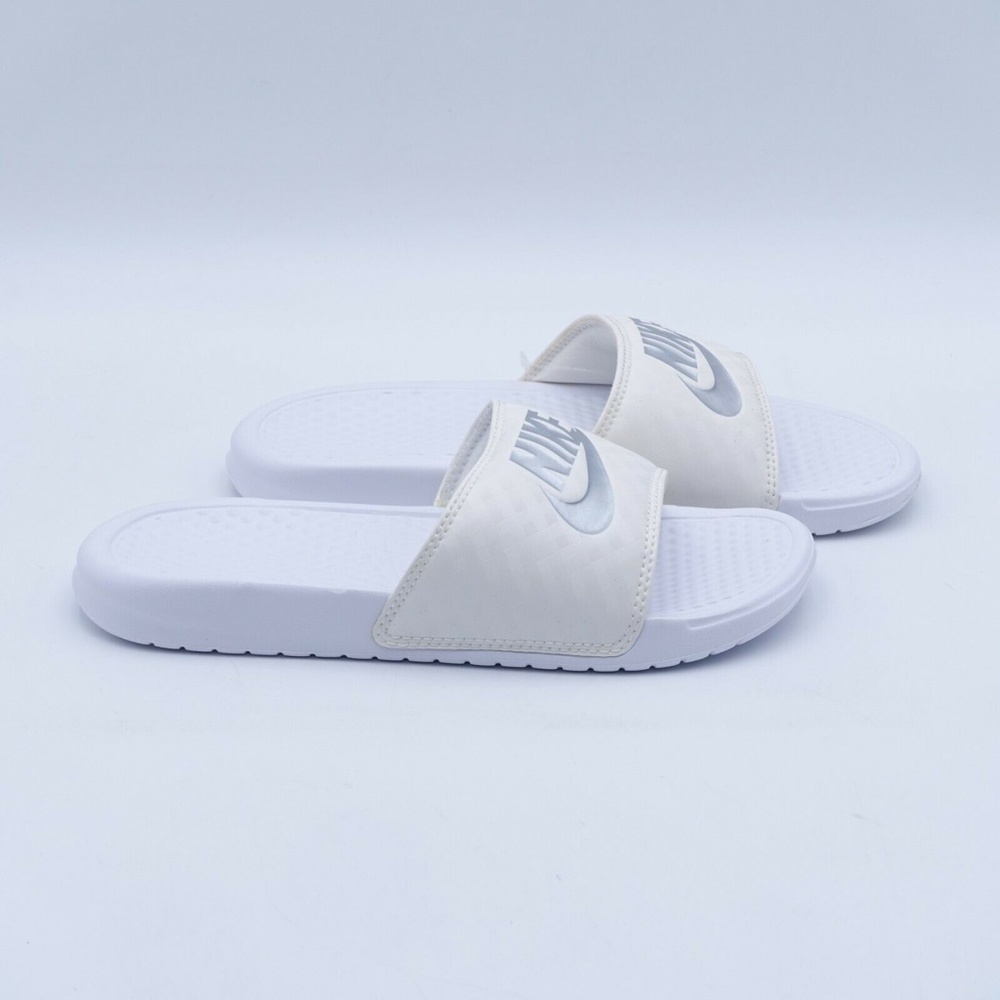 NEW Nike Benassi JDI Swoosh Slide Sandals 343881-102 White/Silver - Picture 4 of 8